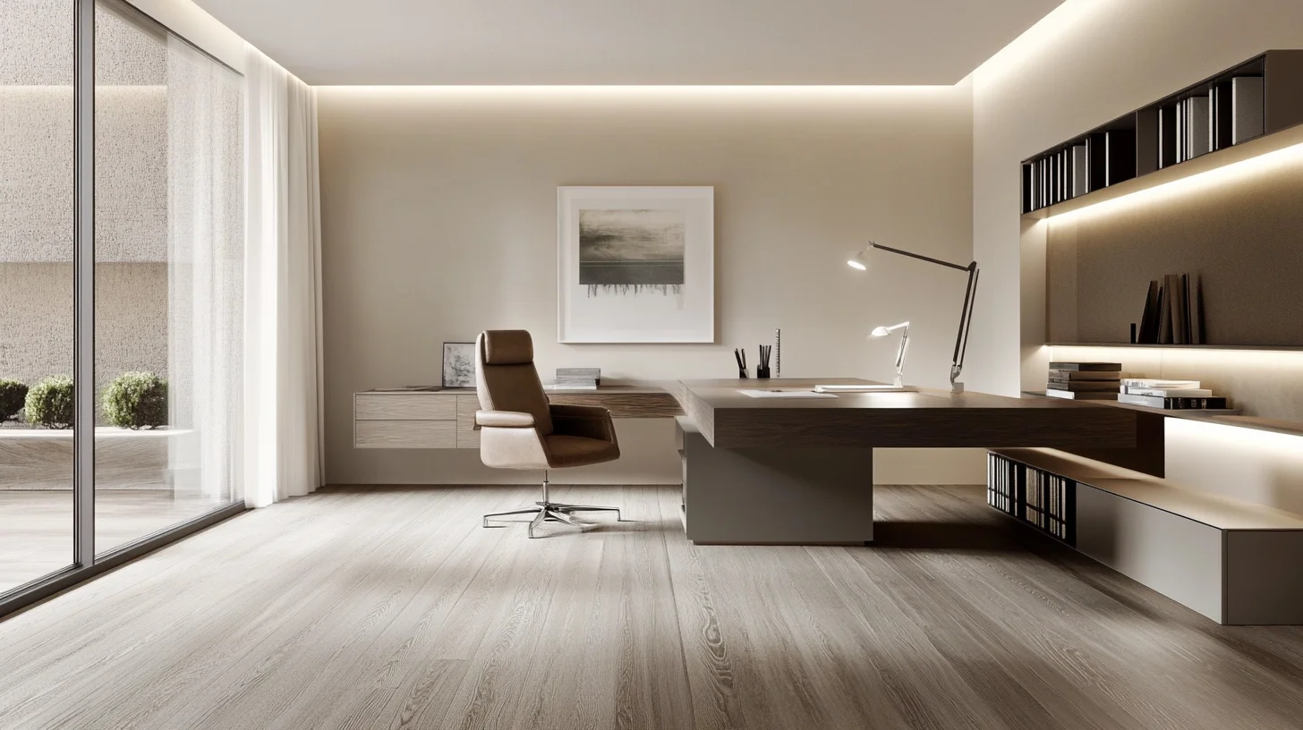 Buildiyo-Contemporary Beige Office with Floating Desk & Task Lighting (1)