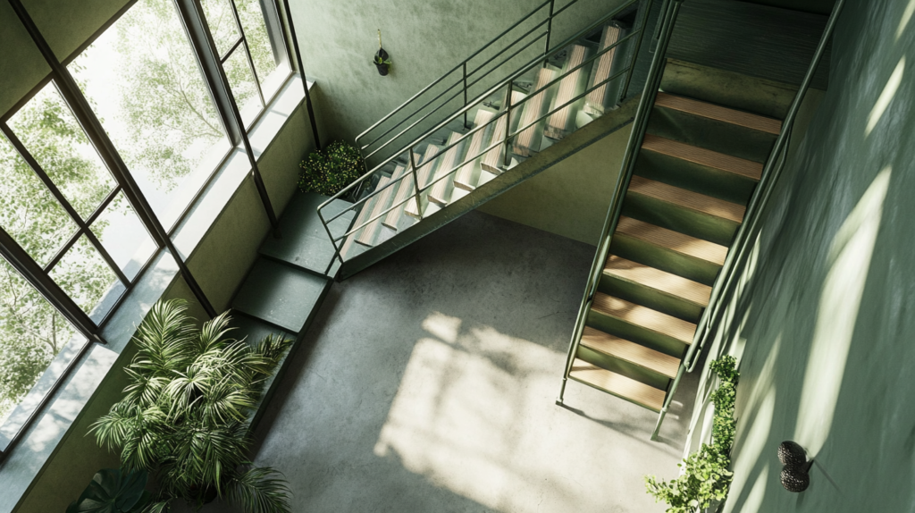 Image showcasing Green Industrial Ladder Staircase – Raw Meets Nature