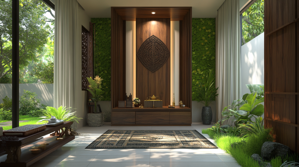 Buildiyo-Green Rustic Pooja Room Design (1)