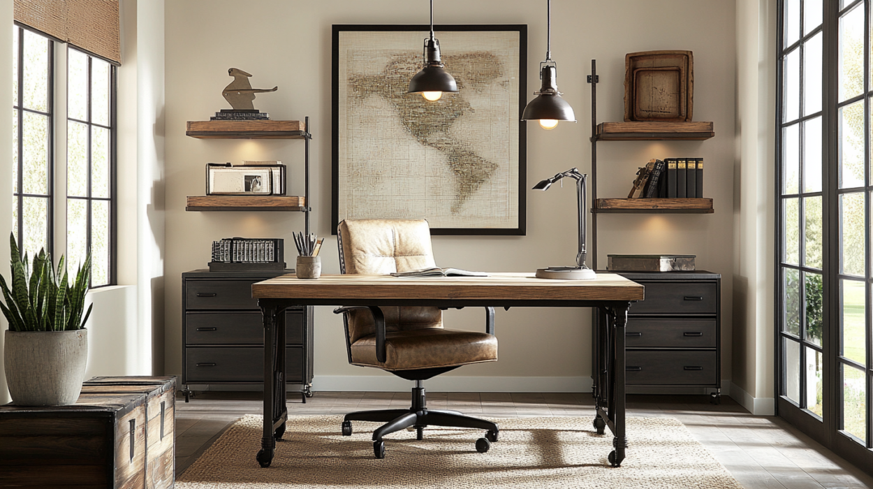 Buildiyo-Industrial Beige Office with Floating Desk & Task Lighting (4)