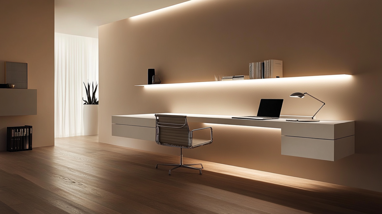 Buildiyo-Minimalist Beige Home Office Design with Floating Desks and Task Lighting (2)