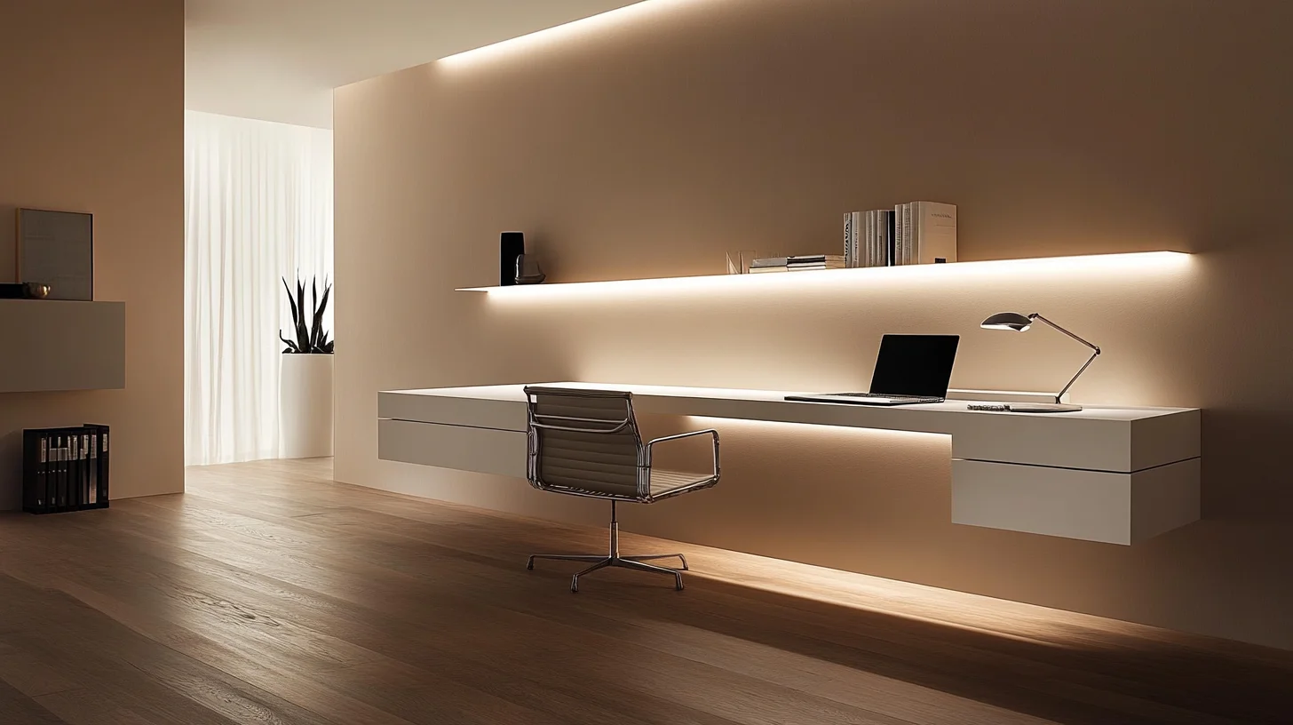 Buildiyo-Minimalist Beige Home Office Design with Floating Desks and Task Lighting (2)