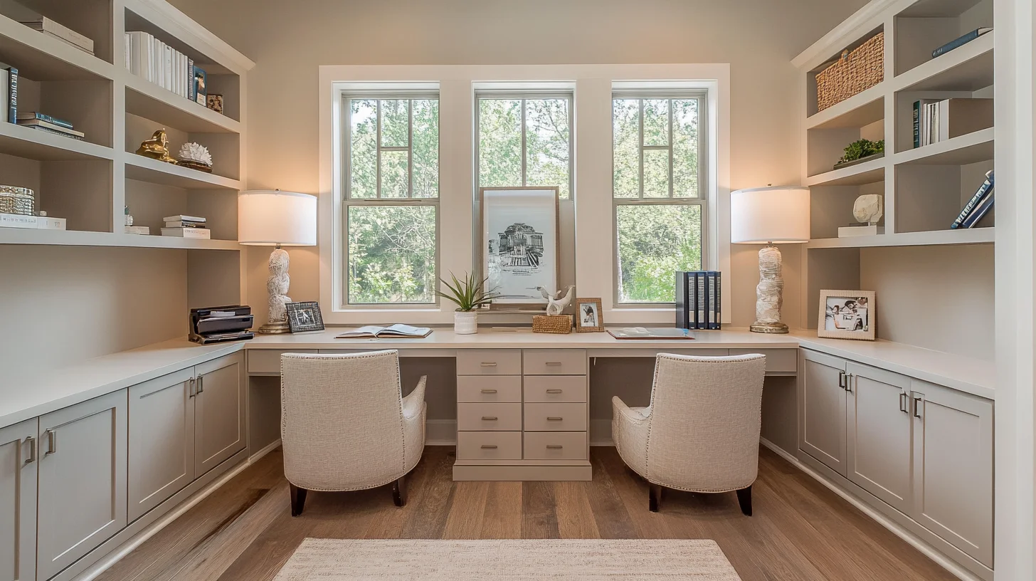 Buildiyo-Modern Beige Home Office Design with Floating Desks and Task Lighting (4)