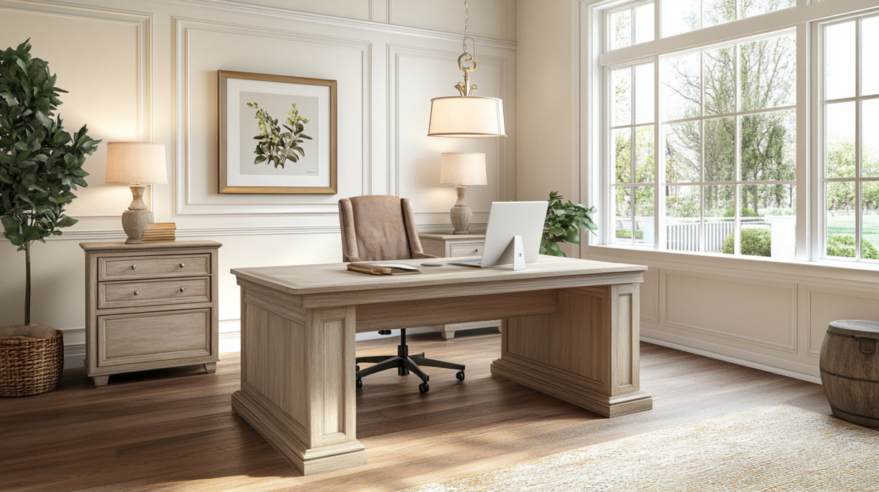 Buildiyo-Traditional Beige Office with Floating Desk & Task Lighting (2)