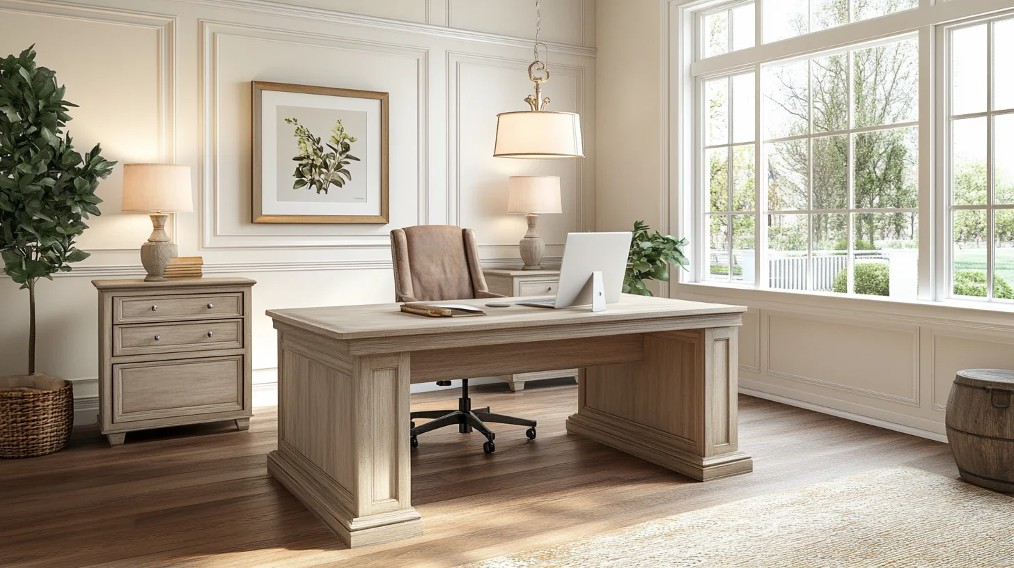 Buildiyo-Traditional Beige Office with Floating Desk & Task Lighting (2)
