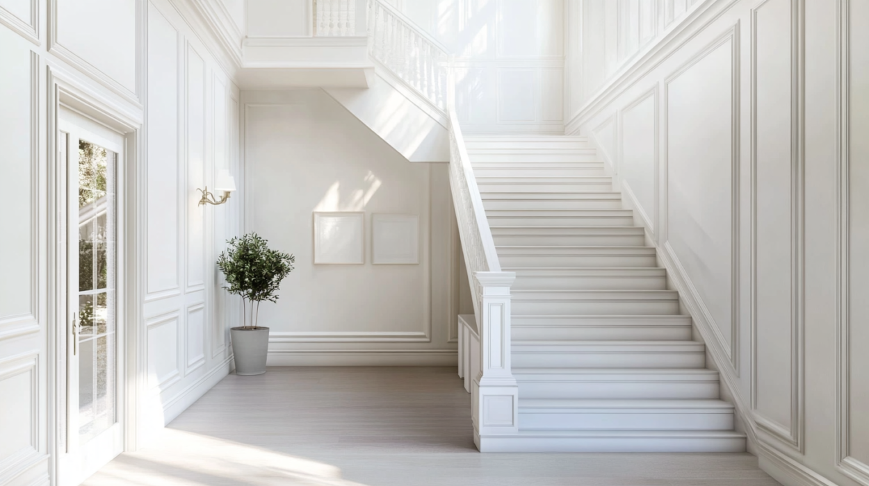 White Traditional Straight Staircase Design