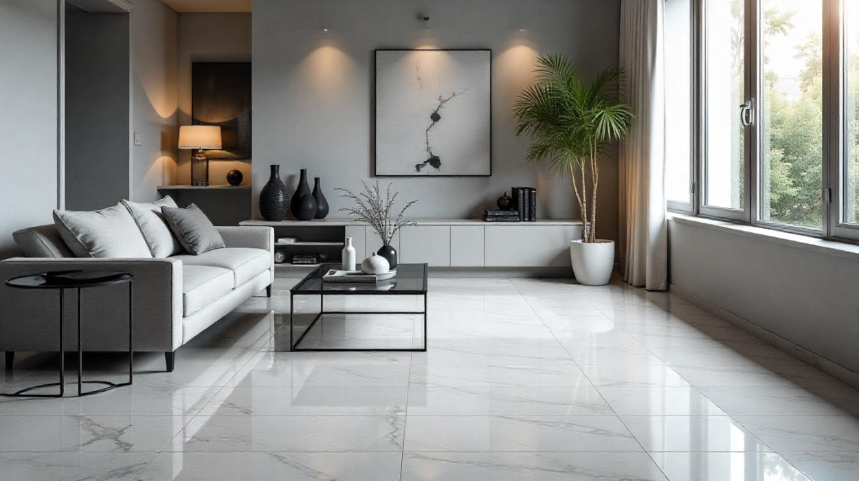 Contemporary Grey Marble Tiles Design for Living Room Floors-image