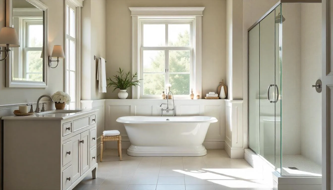 Elegant Traditional Grey Bathroom with White Vanity