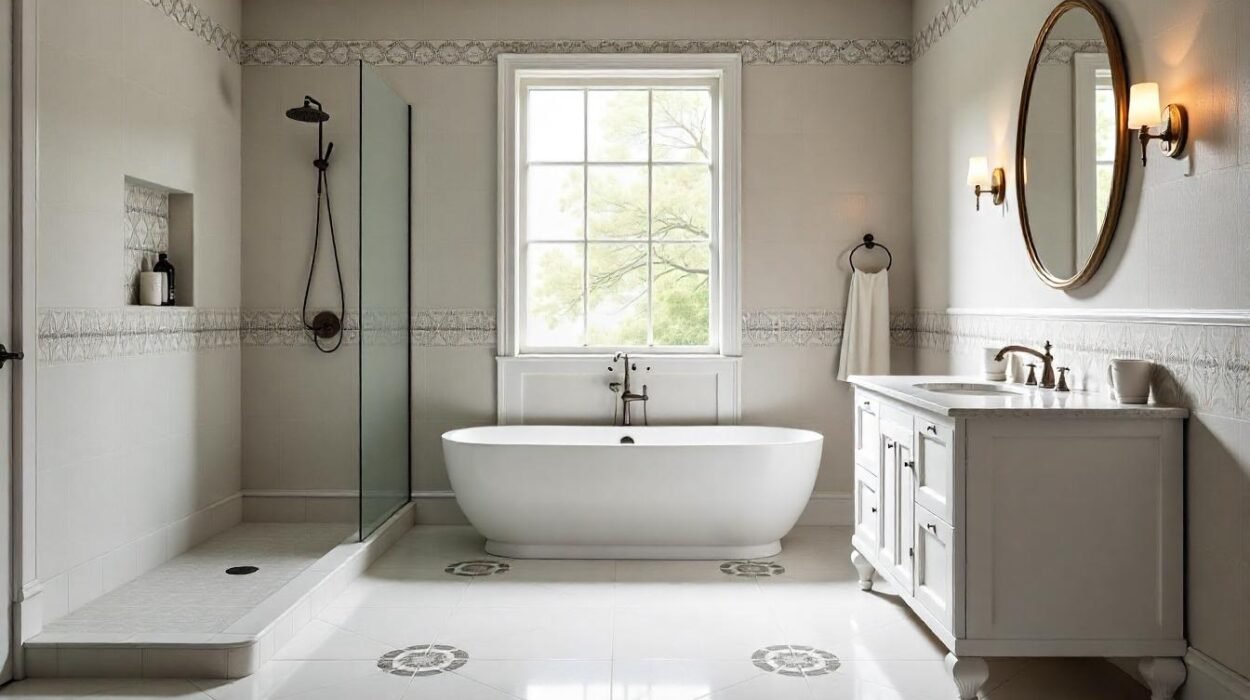Grey Art Deco Bathroom Design with Alcove Shower