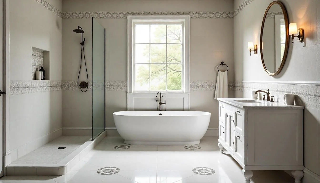 Grey Art Deco Bathroom Design with Alcove Shower