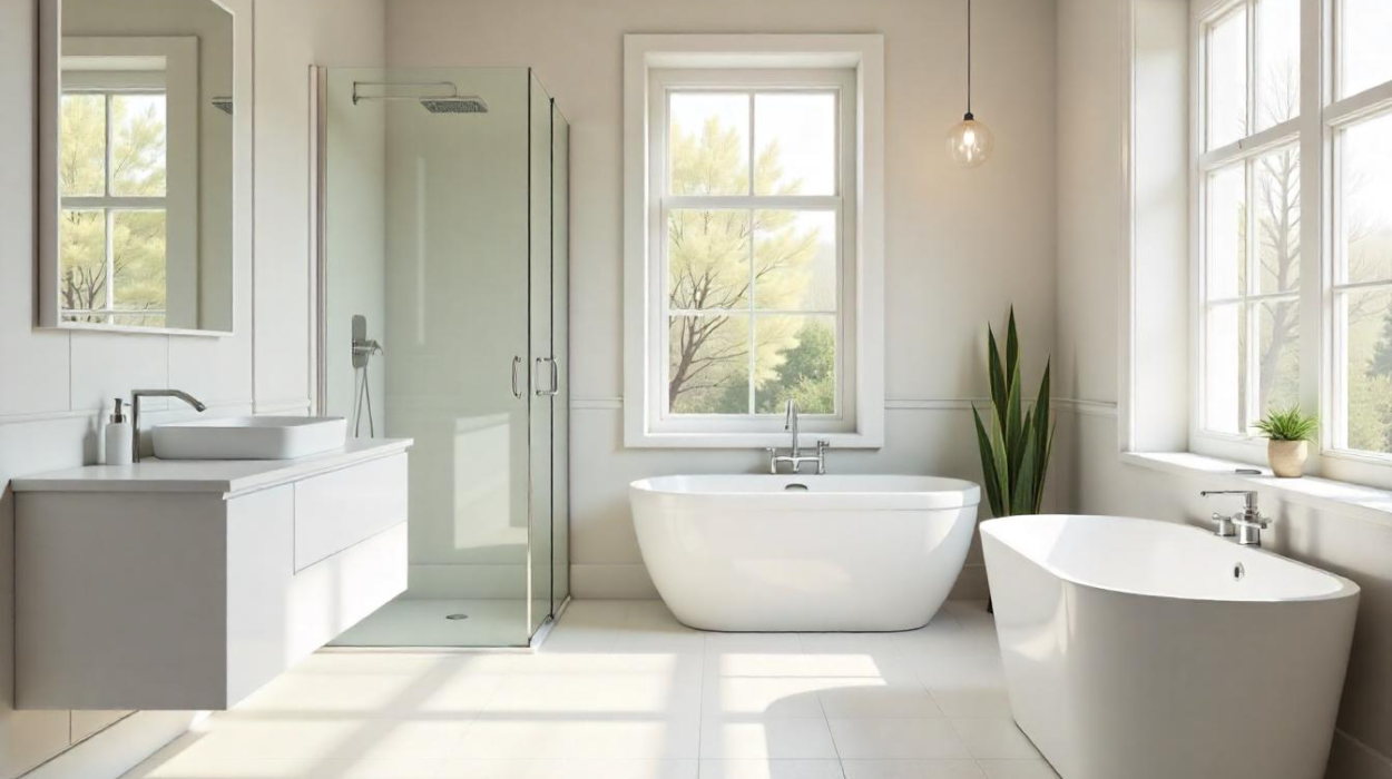 Scandinavian Medium Grey Bathroom with Freestanding