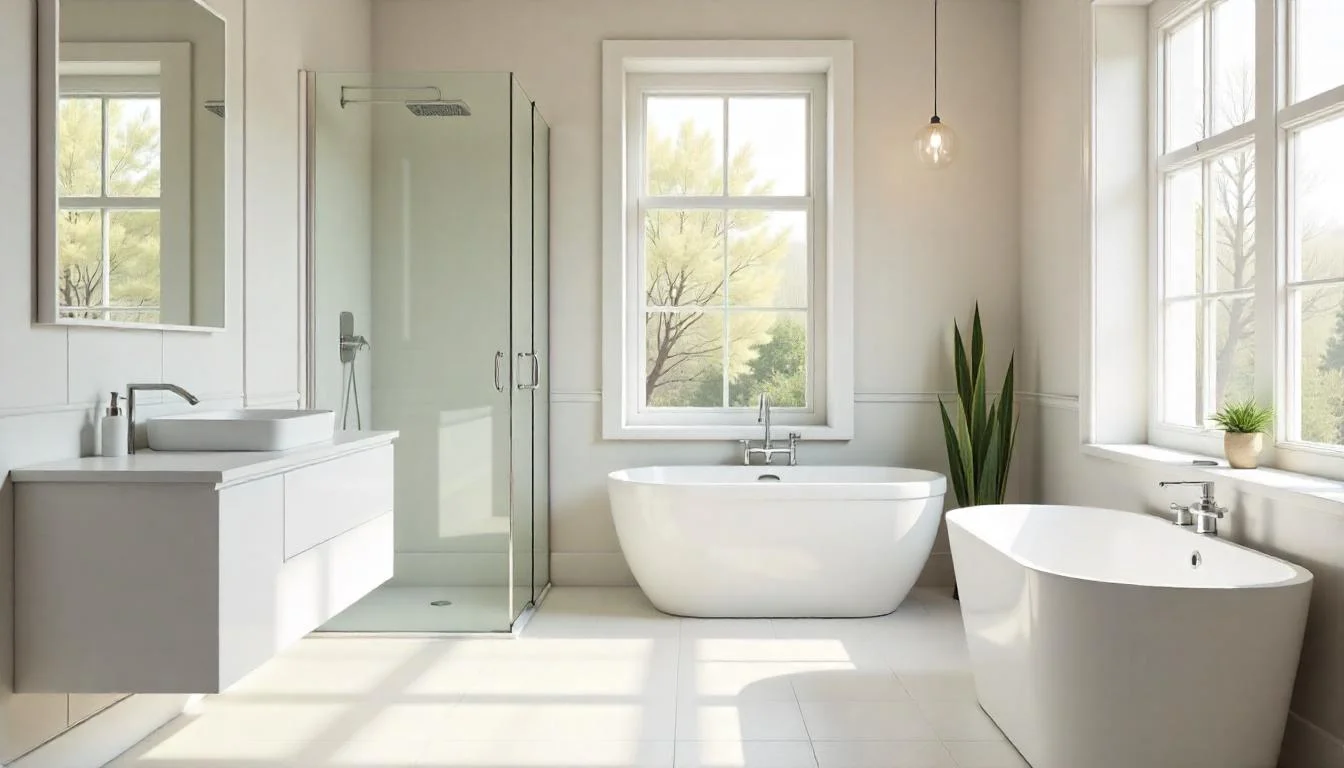 Scandinavian Medium Grey Bathroom with Freestanding