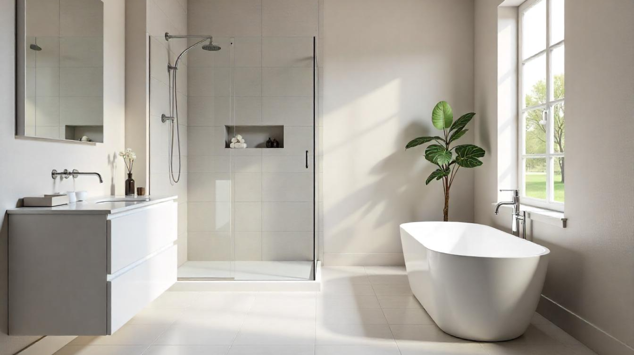 Stylish Grey Contemporary Bathroom with White Vanity