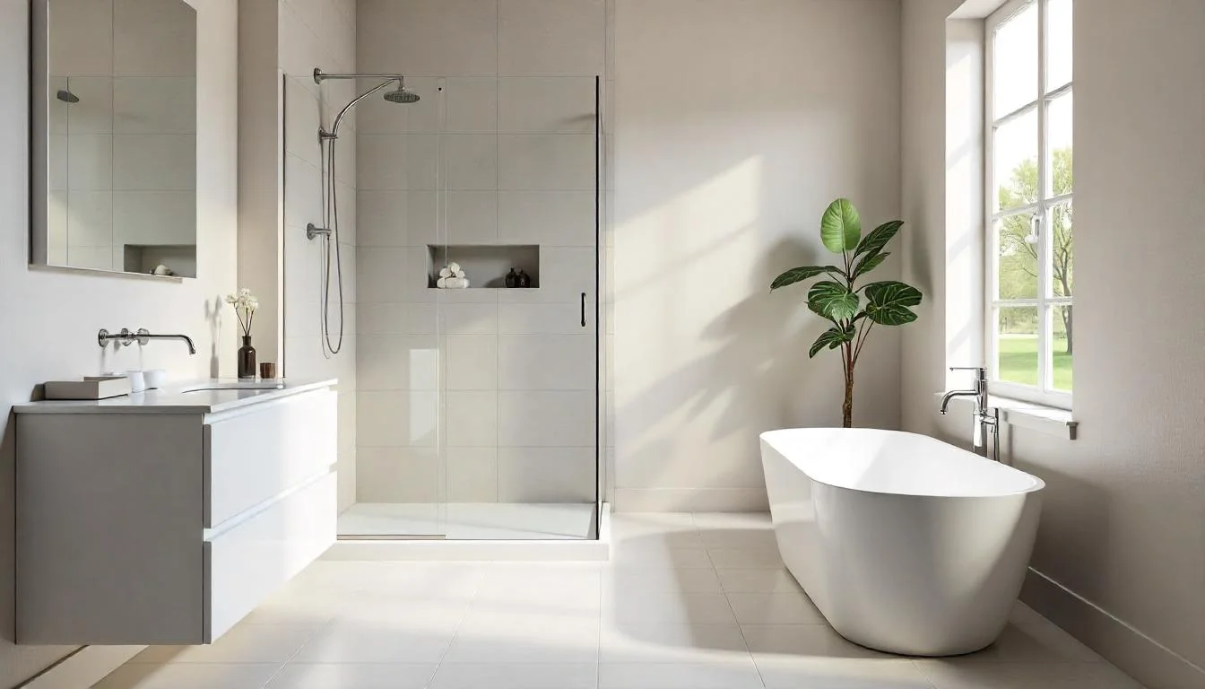 Stylish Grey Contemporary Bathroom with White Vanity