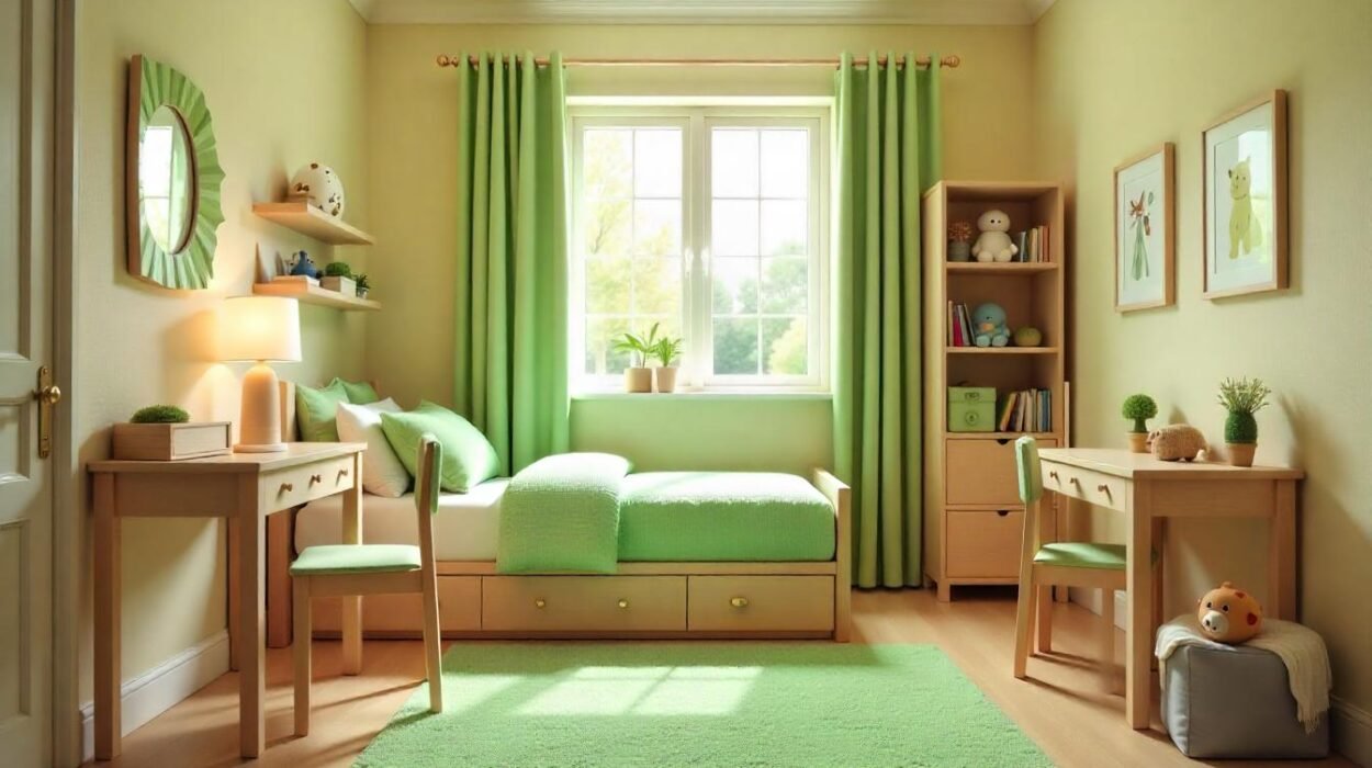 Traditional Kids Bedroom Ideas for Small Spaces – Green Theme with Beige Walls