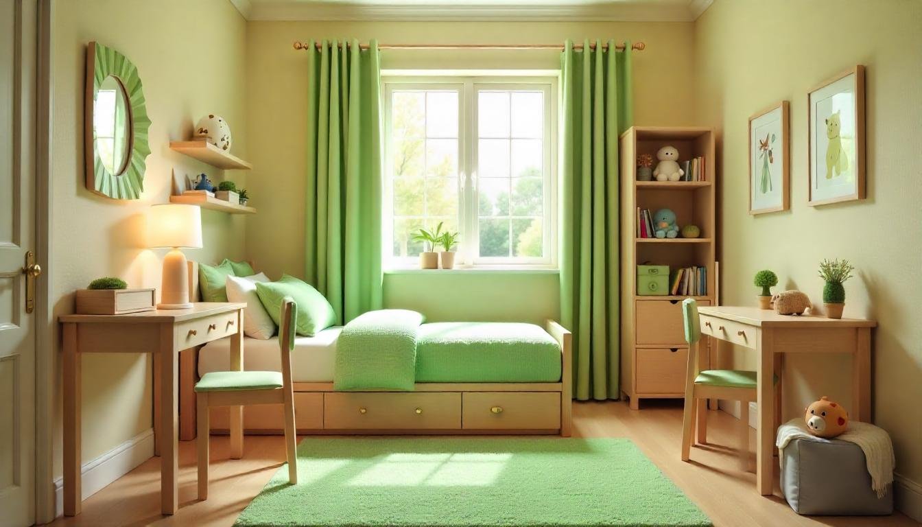 Traditional Kids Bedroom Ideas for Small Spaces – Green Theme with Beige Walls