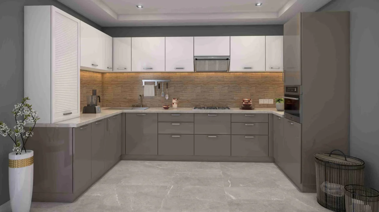 U-Shaped Modular Kitchen Design in Grey