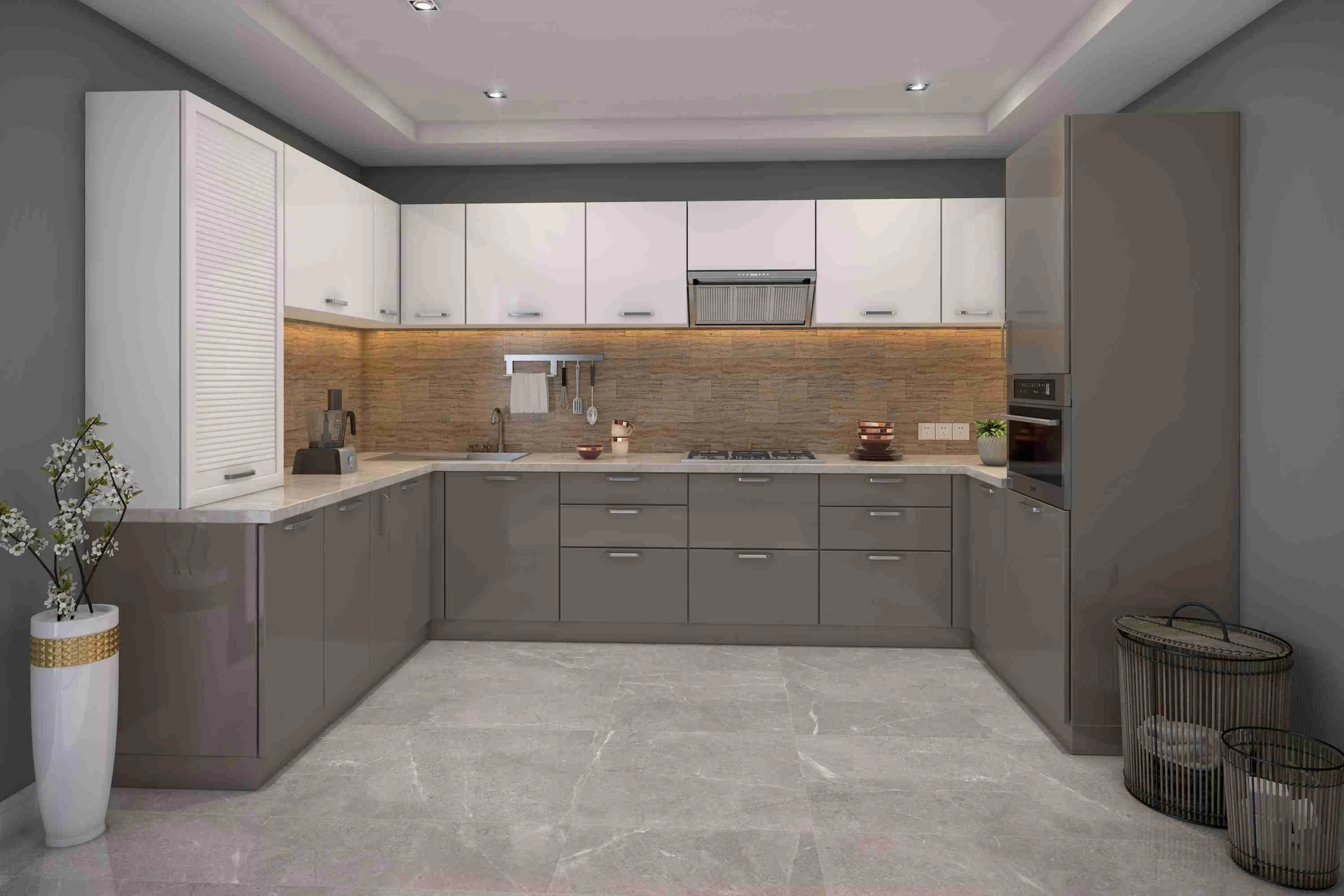 U-Shaped Modular Kitchen Design in Grey