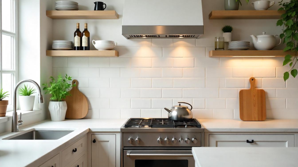 White Vintage Stone Kitchen Wall Tile Design white