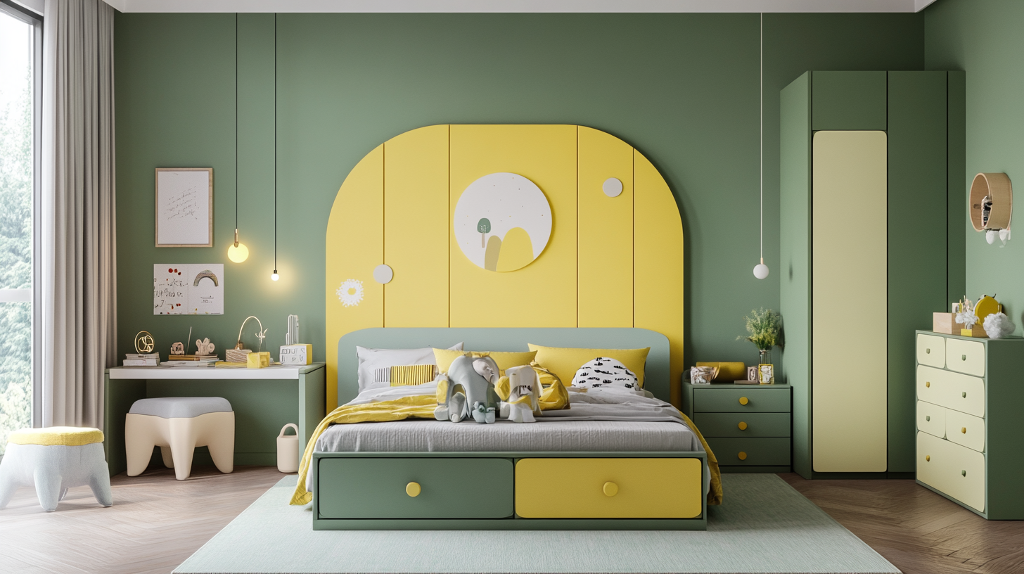 Expansive Minimalist Kids Bedroom | Green & Yellow Theme