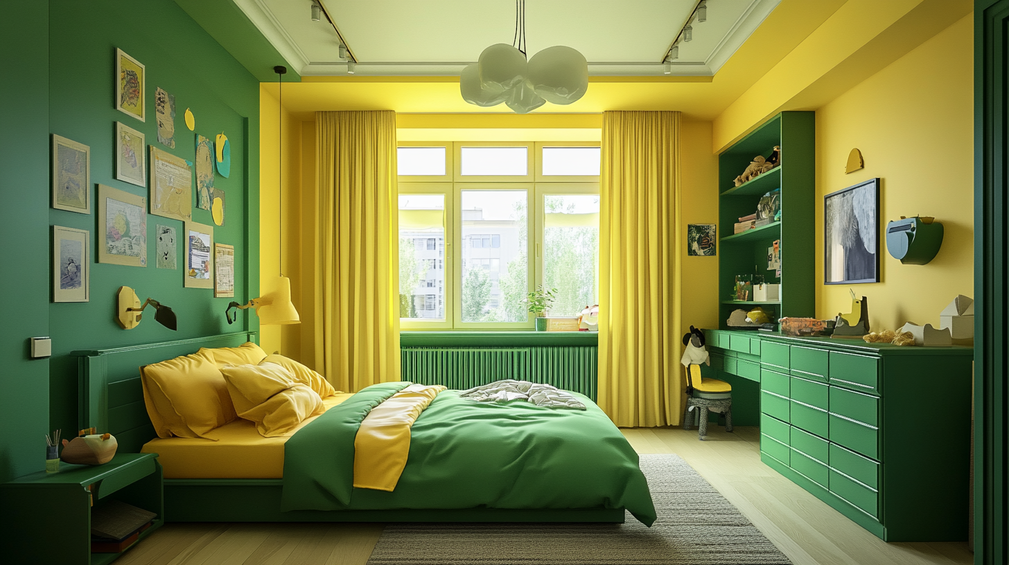 Traditional Kids Bedroom | Large Green Room with Yellow Walls