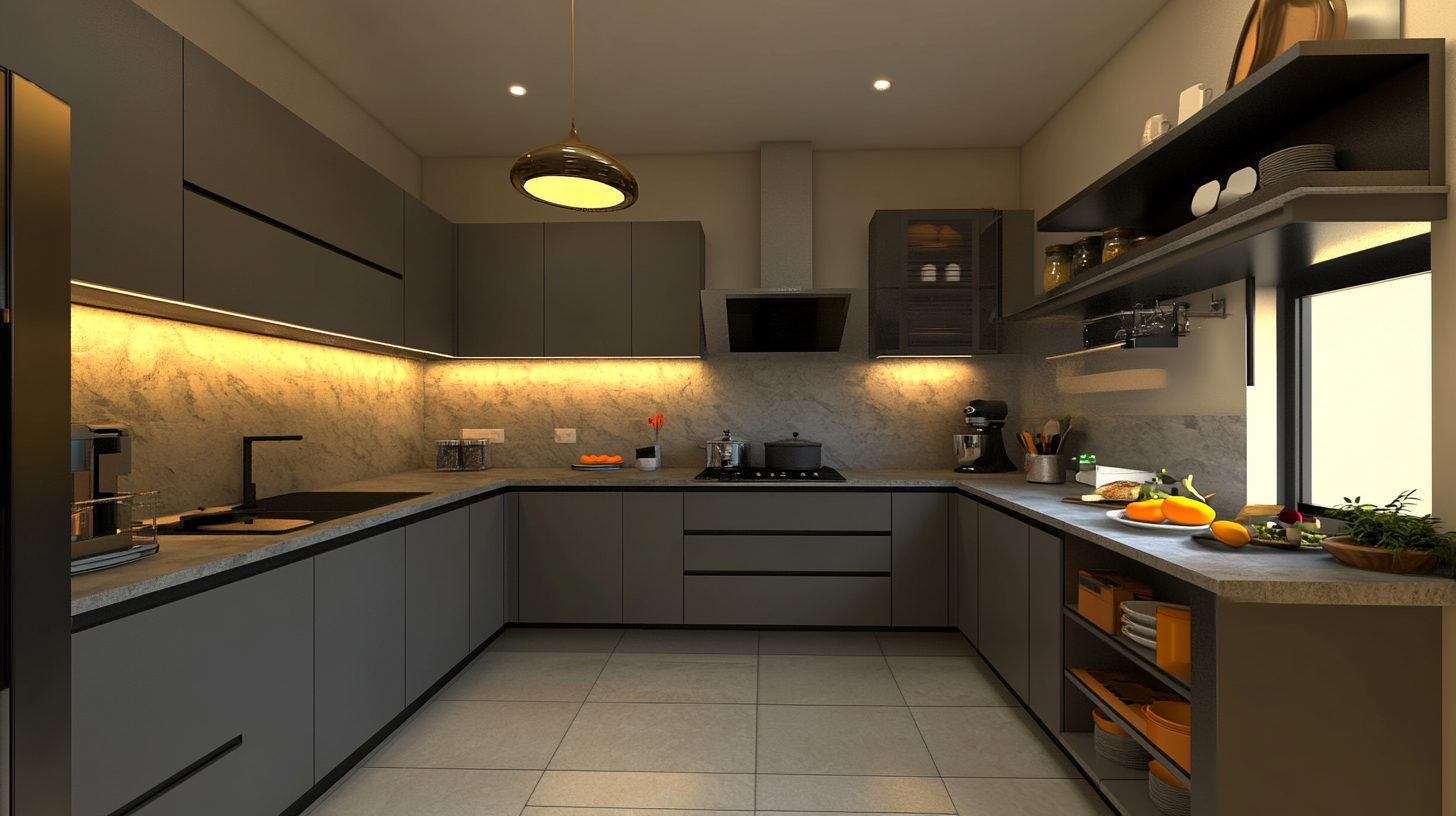 Grey L-Shaped Modular Kitchen Design | Elegant & Sleek